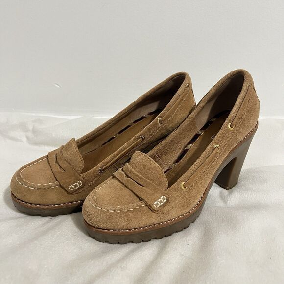 Sperry Heel Loafer Size 8 M Tan Suede Pump  Academia Block Heal Preppy Shoe - Picture 1 of 10